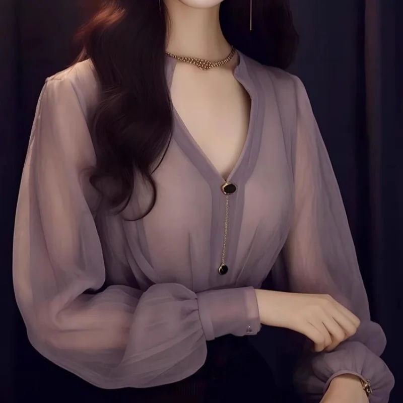 Блузка женская шифоновая в стиле ретро роскошная сухая рубашка фиолетового