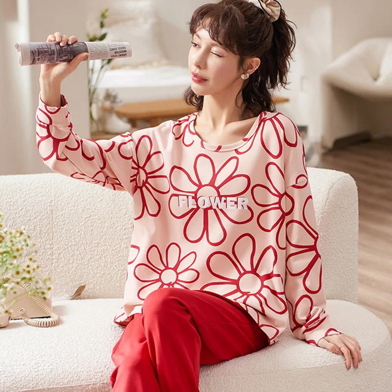 

Ladies Cotton Pajamas Spring And Autumn Thin Round Neck Long-sleeved Suits Large Size Loose Suits Home Clothes Cute Cartoon