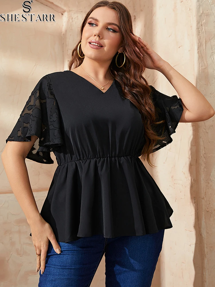 Mesh Patchwork Summer Blouse for Women 2022 V-neck Short Sleeve Nipped Waist Woman Curvy Tunic Ladies Tops Plus Size Woman Cloth