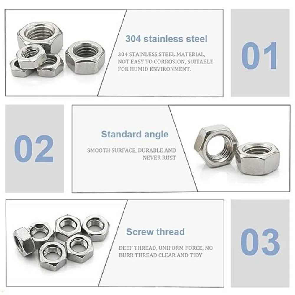 Sechskant-Sechskantmuttern aus Edelstahl 304, M1,2, M1,4, M1,6, M2, M2,5, M3, M3,5, M4, M5, M6, M8, M10, M12, M14, M16, M20 Mutter für Schrauben, Bolzen – Detail 4