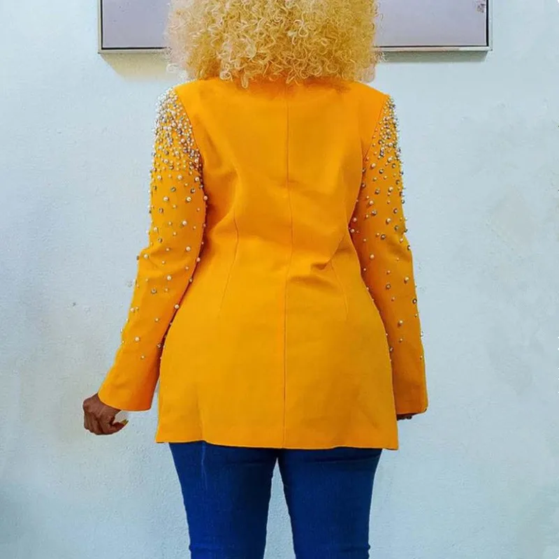 Newest 2023 Stylish Designer Beading Blazers Jacket Women's V-neck Long Sleeve Lapel Long Blazer Outwear