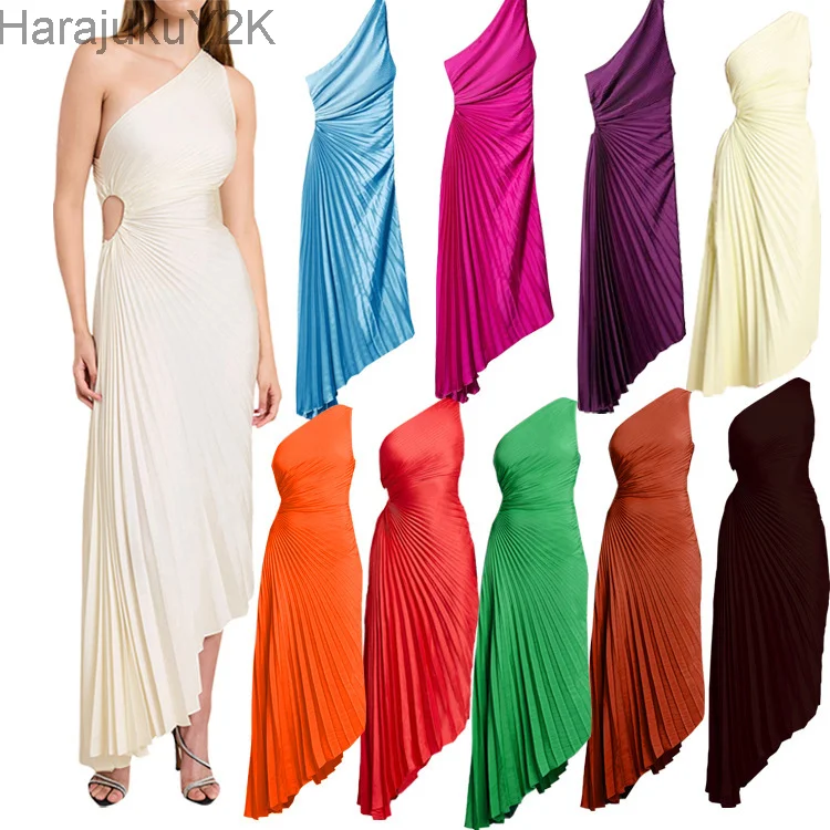 

Elegant One Shoulder Pleated Diagonal Collar Maxi Dresses Women Backless Sleeveless Irregular Dress Ladies Chic Evening Vestidos