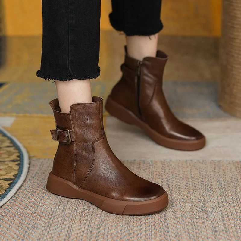 Winter Plush Women's Ankle Boots Side Zipper Vintage Leather Shoes for Women Buckle Strap Round Toe Casual Short botas de mujer