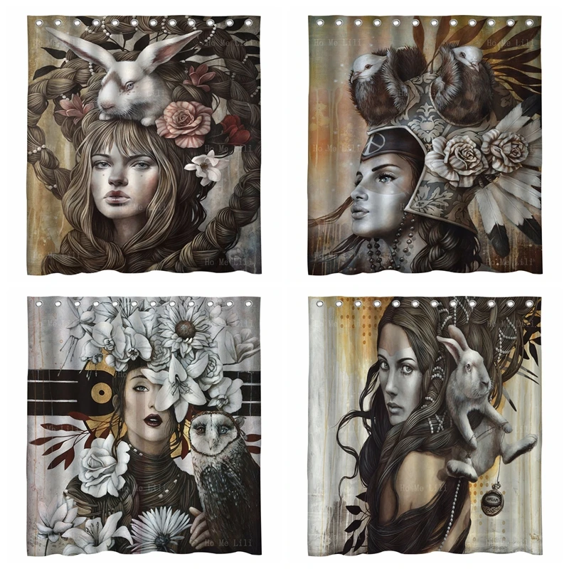 

Sophie Wilkins Art Magic Realism Fantasy The Nomad Female Face With Animals Mixed Whimsical World Shower Curtain By Ho Me Lili