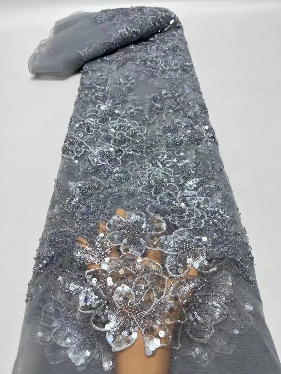 

New Arrival Beads Sequence Lace Fabric Grey African Fabric With Rhinestones 3D Embroidered Tulle Lace Shiny for Evening Dresses