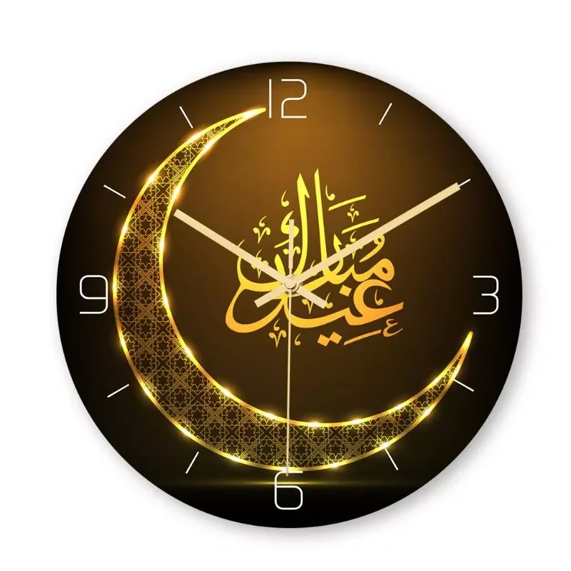 

Muslim Pattern Happy Wall Clock Round 3D Acrylic Silent Non-ticking Clock Wall Art Decor Retro Wall Watch Decoration