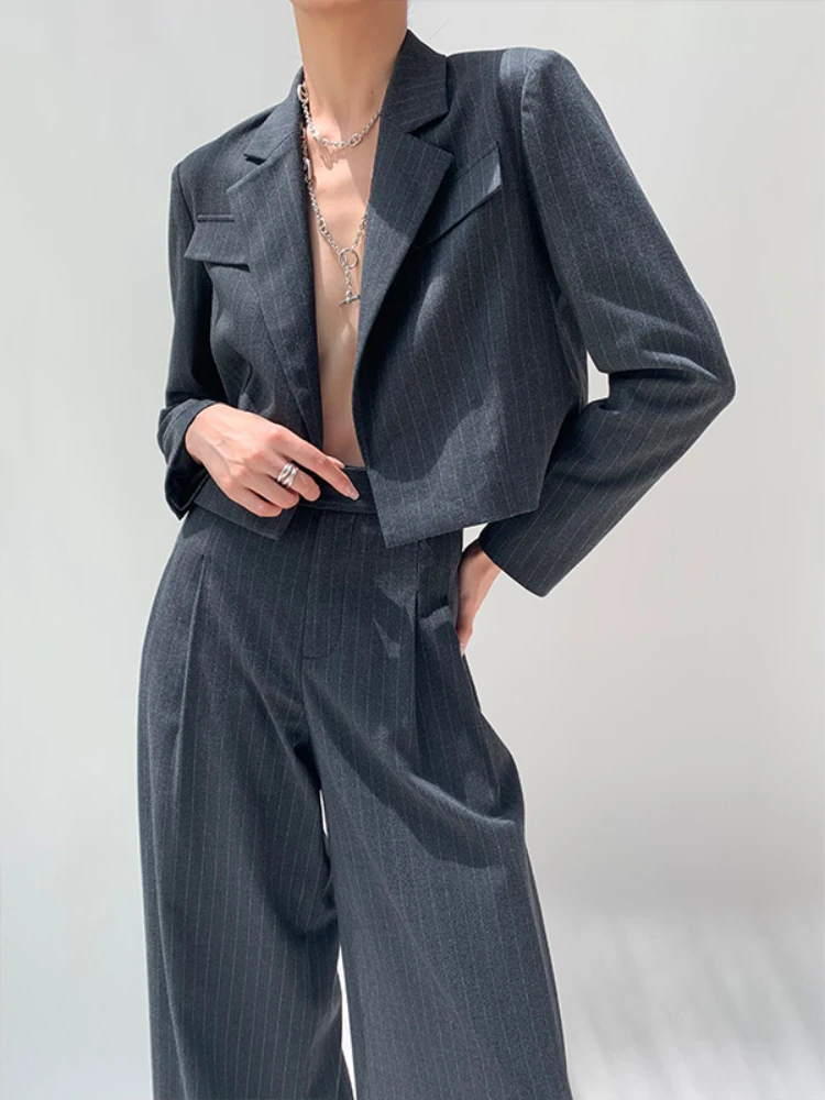 

Новинка осени 2023, дизайнерский женский костюм в полоску, короткий топ с воротником-стойкой, брюки с широкими штанинами, комплект из двух предметов