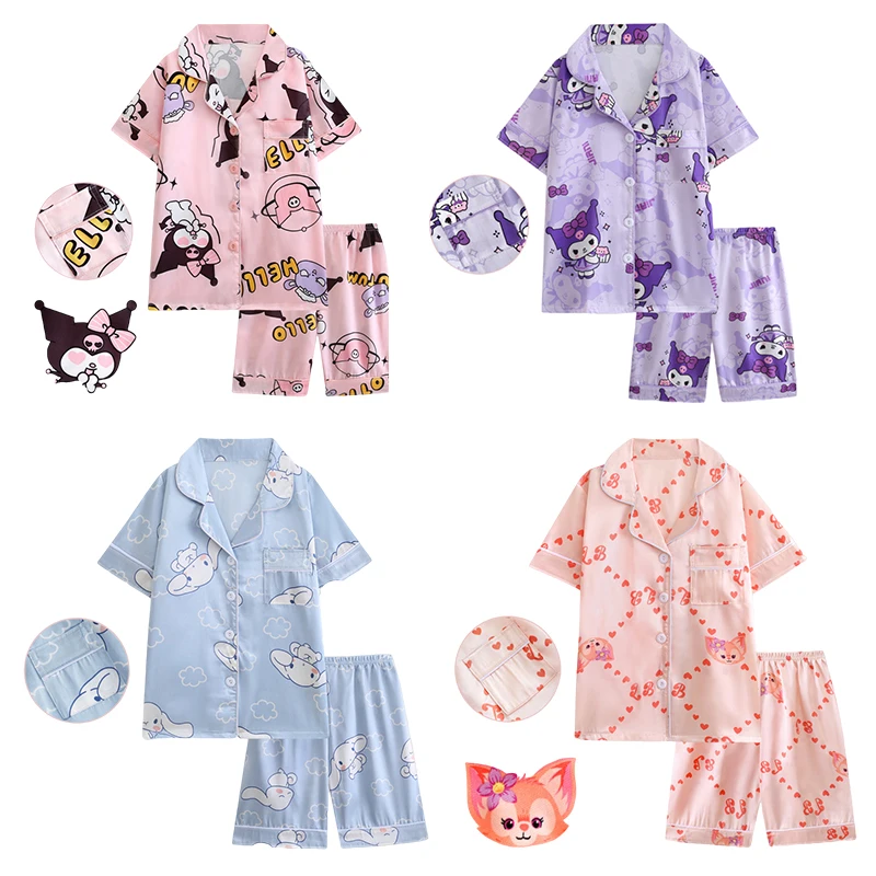 

Kawaii Sanrios Summer Kuromi Children's Pajamas Short-Sleeved Shorts Suit Cartoon Cinnamoroll Loose Cardigan Homewear Suit Gift