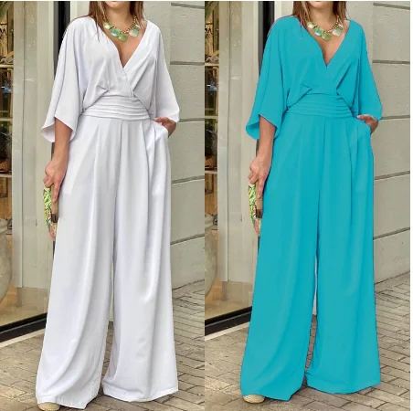 Temperament Elegant V-neck Women Jumpsuit Bat Sleeve Wide Leg Solid Color Simple Fashion Jumpsuit Loose Commuter Women Clothing