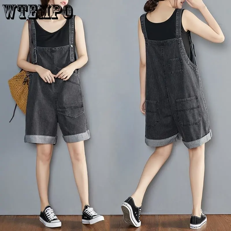 WTEMPO Denim Suspender Shorts for Women Summer Fashion Street Wear Korean Version Loose Sweetwear Student Versatile Capris