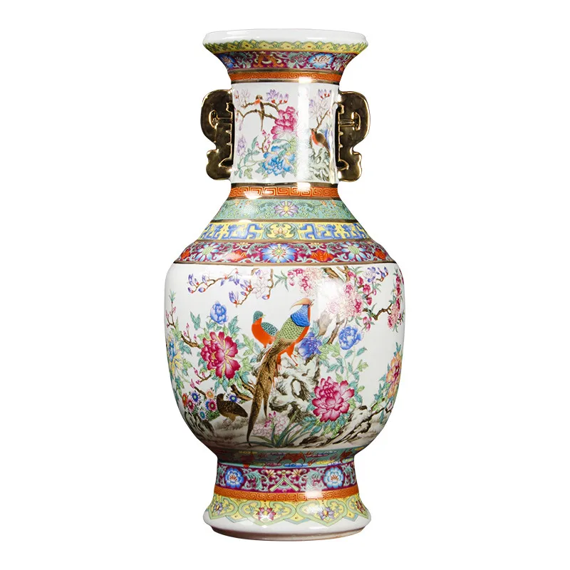 

Антикварная Большая керамическая напольная ваза Цзиндэчжэнь, украшение для дома, большие фарфоровые цветочные вазы с двумя ушками
