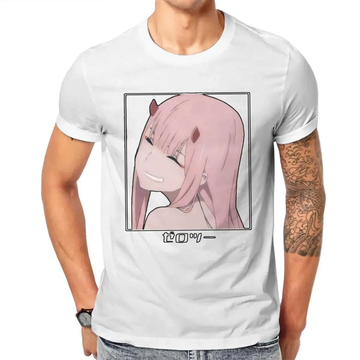 Zero Two Sweet Girl  T Shirts for Men 100% Cotton Vintage T-Shirt Round Collar Darling In The Franxx Anime Tees Clothes Graphic