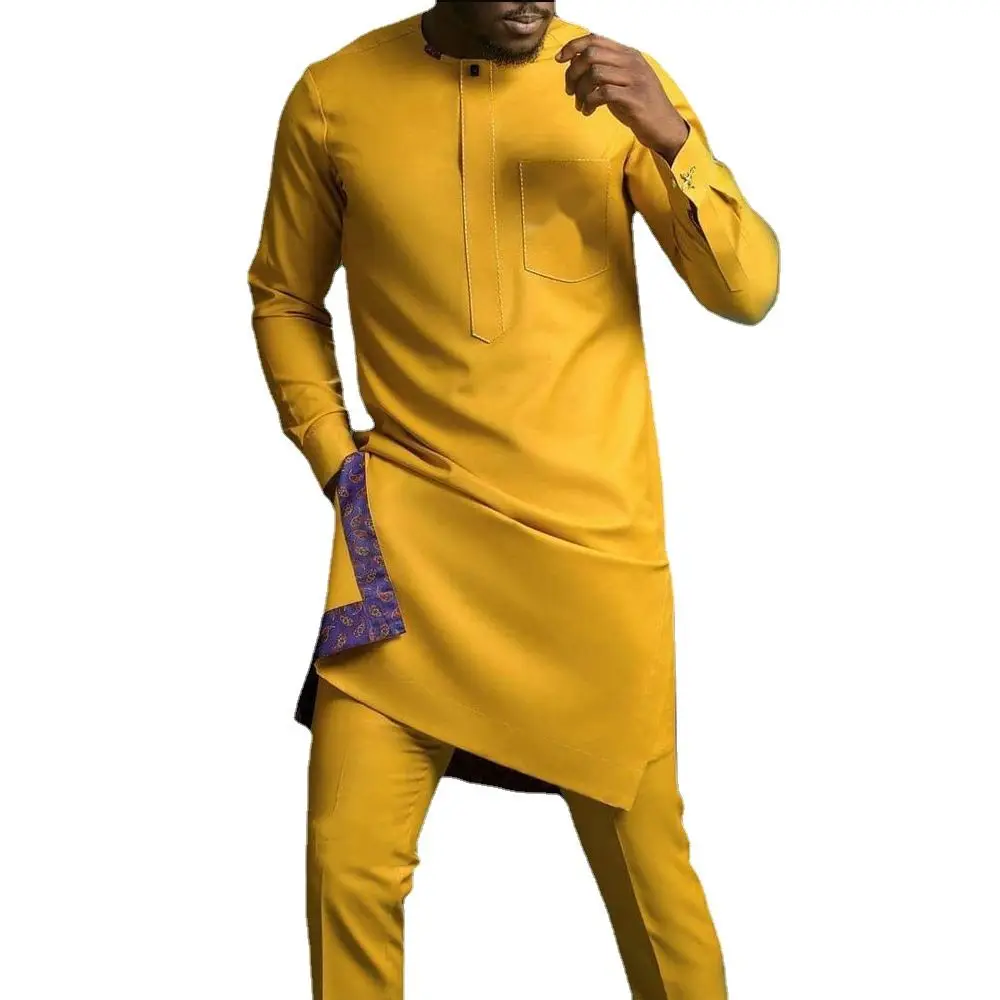 

2Pcs Outfits African Mens Sets Outfit Long Sleeves Round Neck Embroidered Casual Shirts Sweatpants Wedding Party Festival Suits