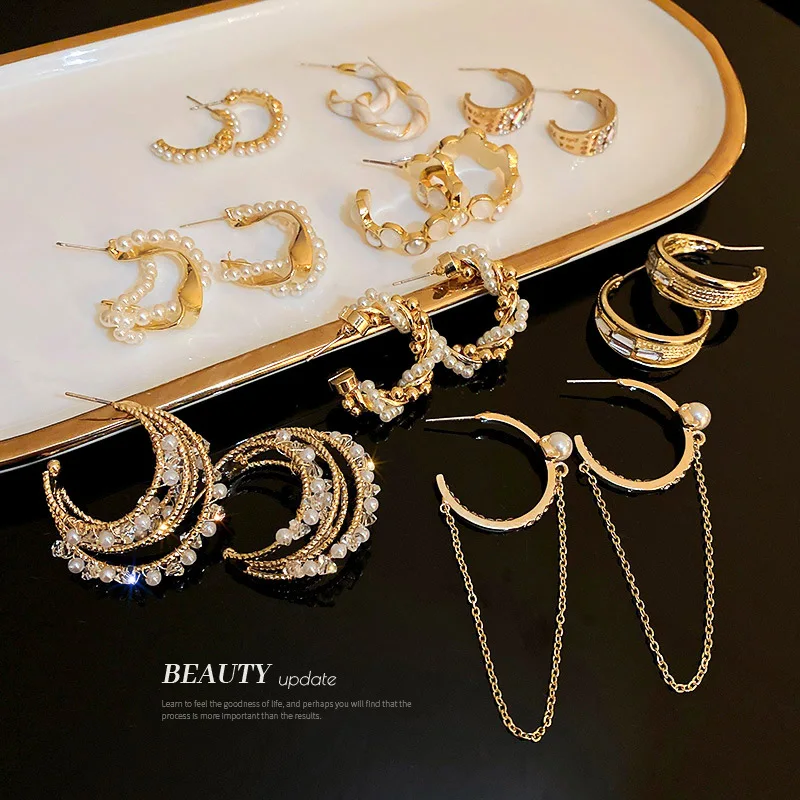 

Minar Dainty C Shape Simulated Pearl Earring for Women Korean Twisted Gold Color Metal Geometrical Hoop Earrings Wedding Jewelry