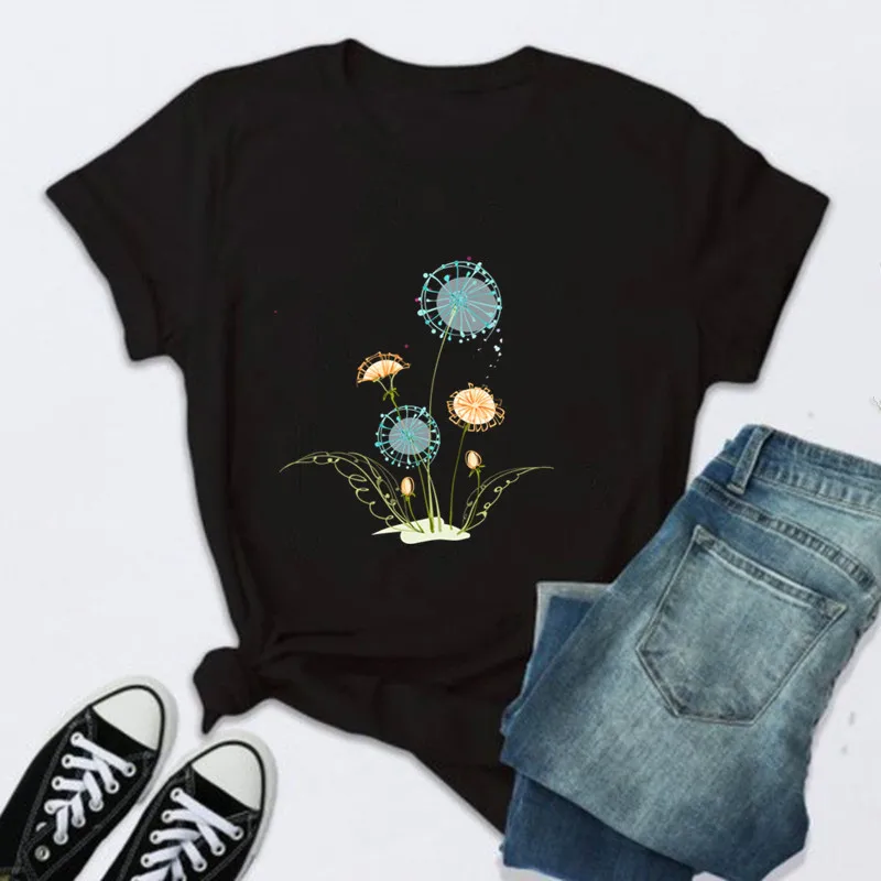 

Summer Dandelion Printing T Shirt Women New Black Female Ladies T Shirt Casual Cute Graphic Tees Fashion T-shirt Tops
