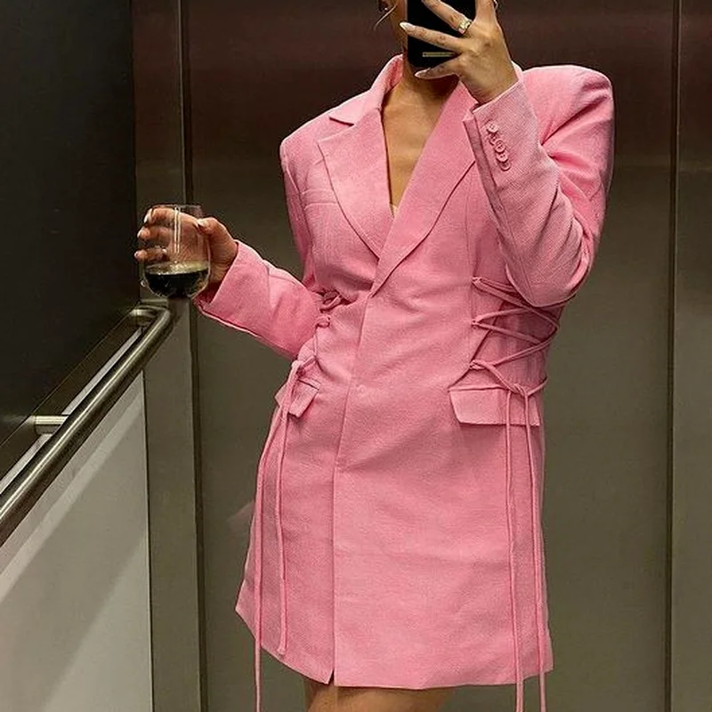 Fashion Lapel Tie Double-breasted Long-sleeved Shoulder Pads Dress Casual Ladies Fashion Elegant Waist Chic Suit Short Skirt