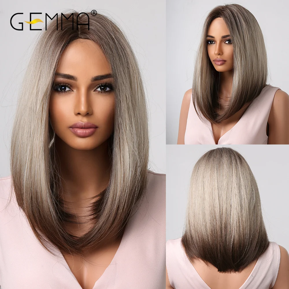 

GEMMA Long Straight Synthetic Wigs for Women Omber Brown Platinum Highlight Wig with Dark Roots Cosplay Heat Resistant Hair