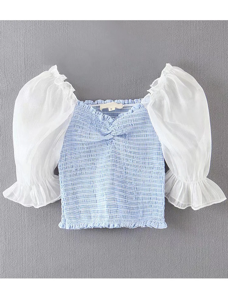 

Женский укороченный топ составного кроя YENKYE, Модный Эластичный прозрачный топ с пышными рукавами, праздничные летние топы, Дамская коротка...