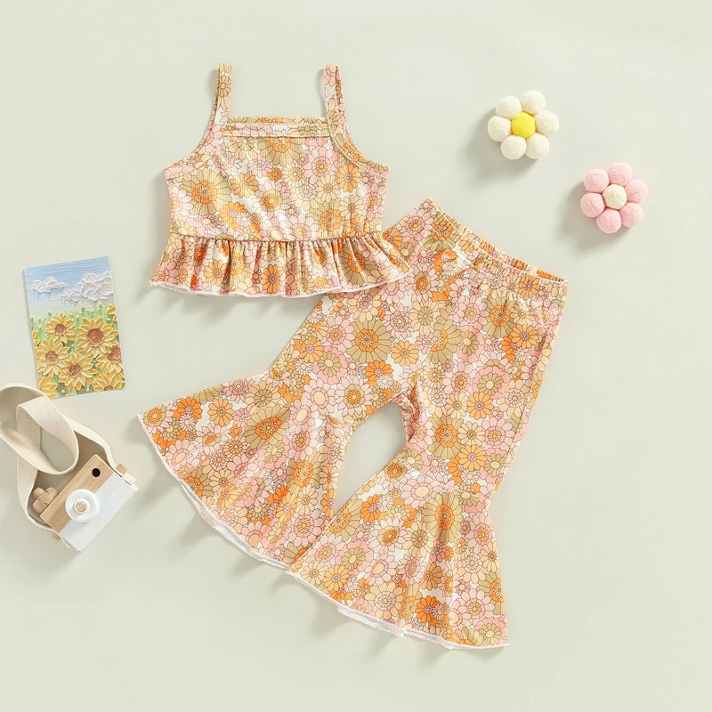 

Kids Girls Summer Outfits Summer Flower Print Ruffled Camisole and Casual Elastic Flared Pants Set