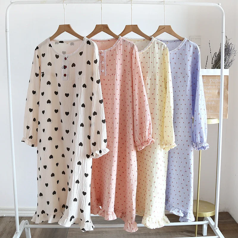 Spring Nightdress Women Cotton Long Home Dressing Gown Sleepshirt Nightgowns Thin Autumn Long Sleeve Sleepdress Casual Sleepwear