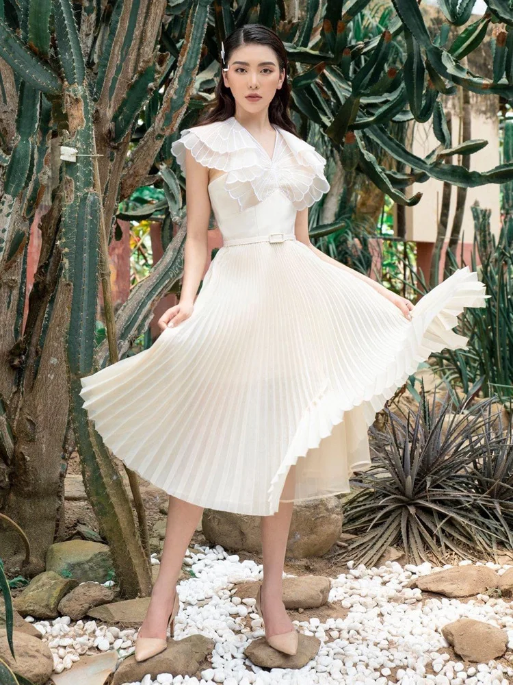 

Summer Dress Women 2022 Butterfly Ruffles Tunic Midi Pleated Dress Vacation Dress