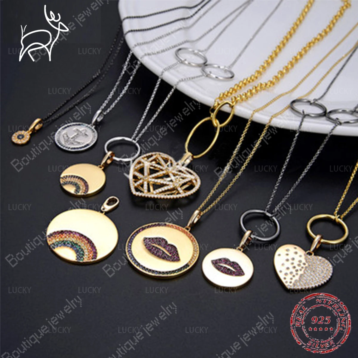 

S925 Sterling Silver Necklace August New Golden Yellow Red Lip Rainbow Buckle Necklace Women's Fashion Jewelry
