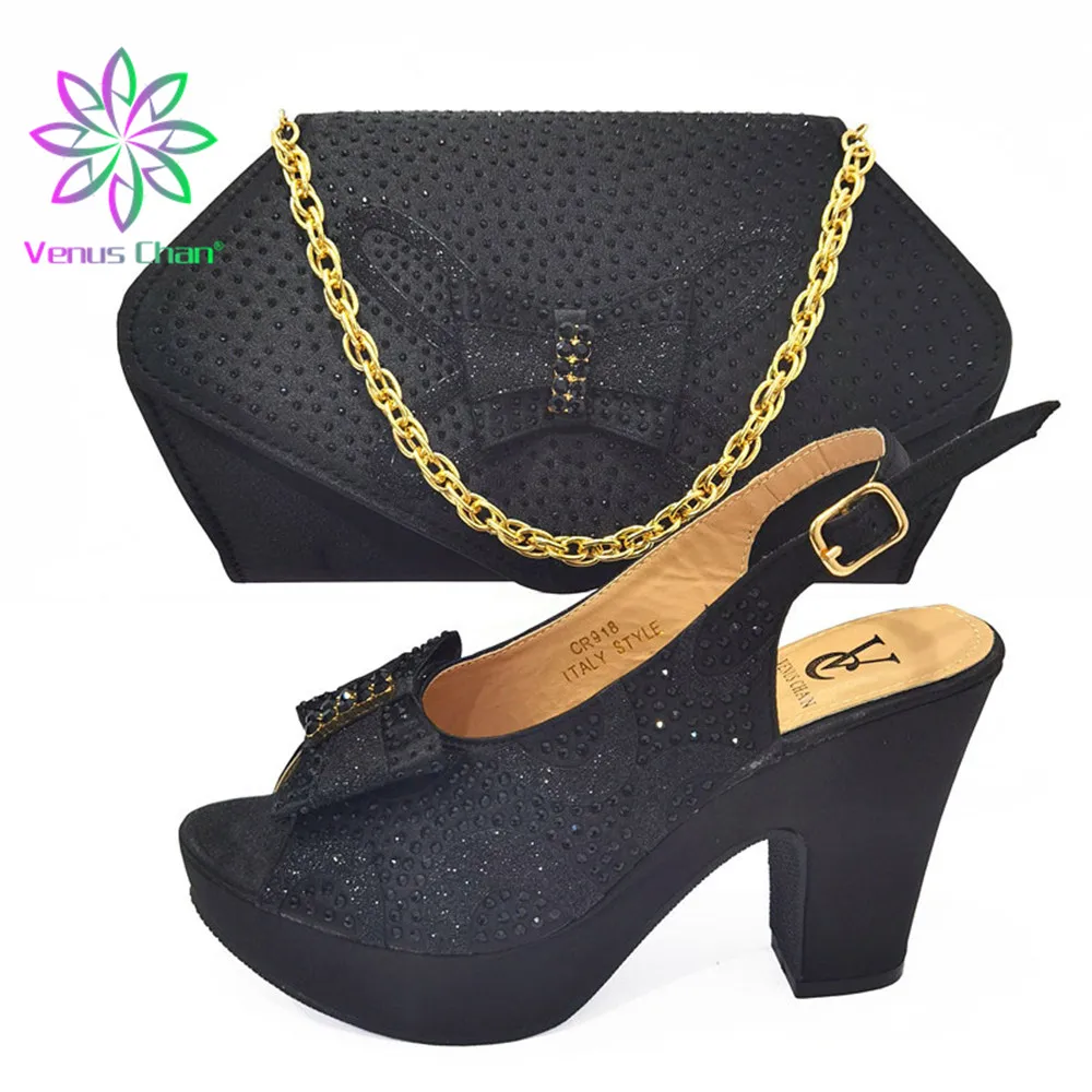 

Women Shoes and Bag Set In Italy Light Black Color Italian Ladies Shoe and Bag Set Decorated with Rhinestone Wedding Party Shoe