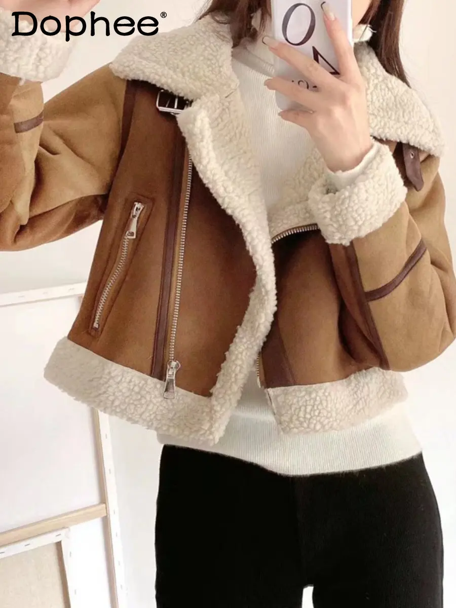

Streetwear Motorcycle Jacket Women's 2022 Autumn and Winter New Fashion Casual Warm Lamb Wool Cotton Coats Warm Sheepskin Coat