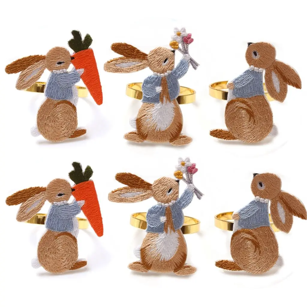 

1Pc Creative Rabbit Pattern Gold Metal Napkin Buckle Home Hotel Table Decor Reusable Colorful Embroidered Rabbit Napkin Rings