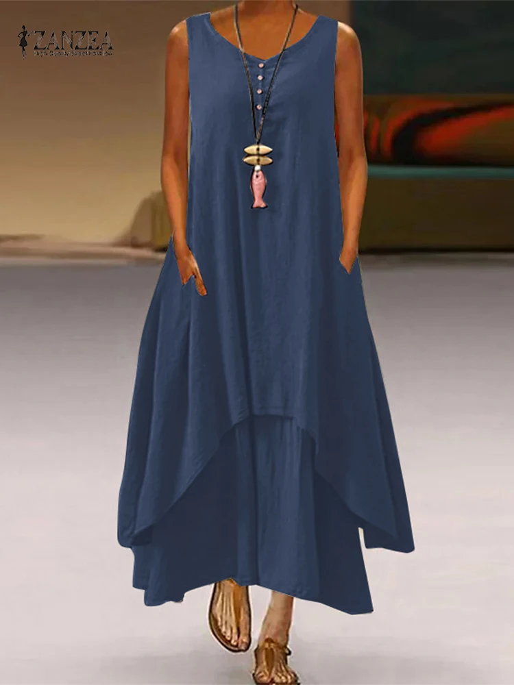 

ZANZEA Summer Sleeveless Maxi Dress Fashion Women Loose Holiday Beach Vestido Kaftan Sarafans Casual Long Sundress Robe Femme