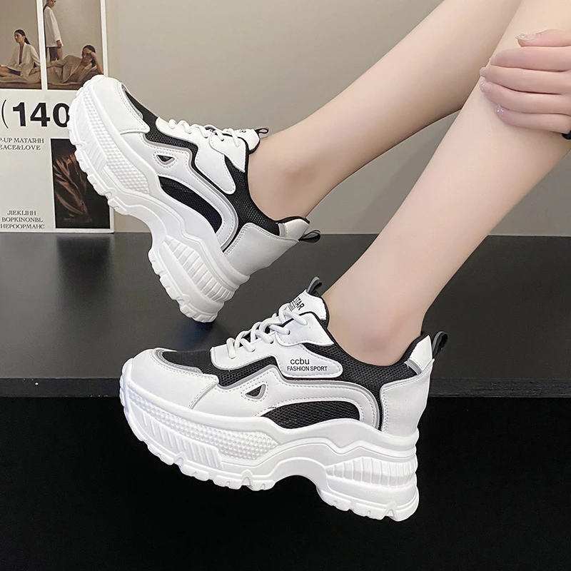 Women Autumn Vulcanized White Shoes High Platform 6.5CM Wedge Heels Sneakers Lace Up Casual Breathable Mesh Chunky Shoes Woman