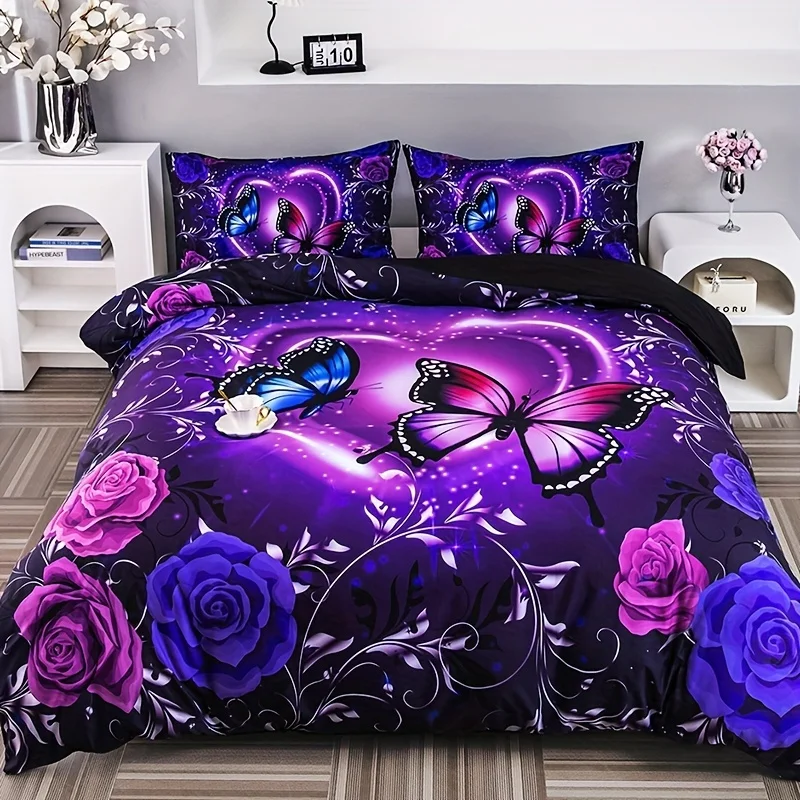 

3pcs Soft and Comfortable Butterfly Flower Digital Print Duvet Cover Set for Bedroom Includes 1 Duvet Cover and 2 Pillowcases