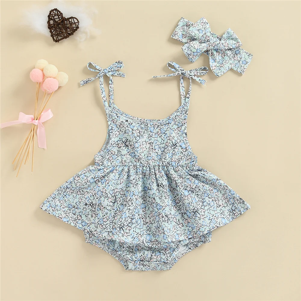 

Newborn Girls Summer Sleeveless Bodysuit Toddler Tie-Up Shoulder Strap Floral Print Dress Romper + Headband Infant Kid Clothes