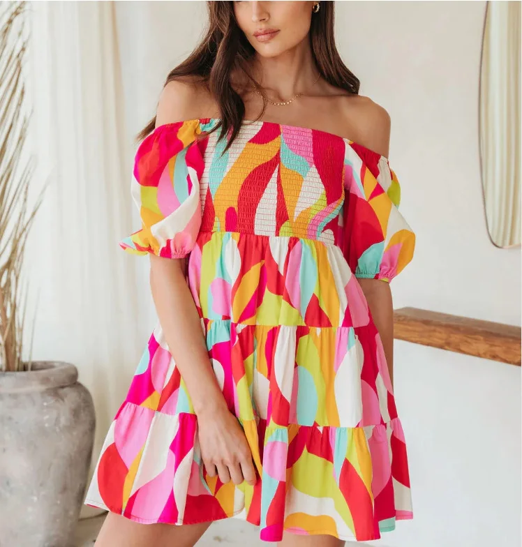 

Women summer sexy backless off shoulder slash neck short sleeve print loose mini dress 2023 Cute beach clothes