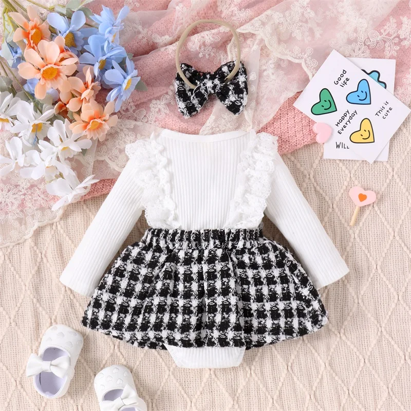 

Infant Baby Girl Romper Dress Lace Ruffles Rib Knit Plaid Skirt Bodysuits Newborn Clothes Bodysuits with Headband