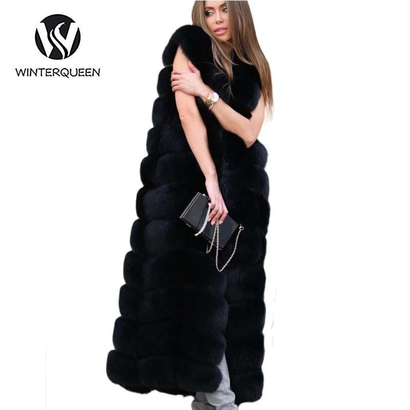 Ladies Natural Fox Fur Vest Extra Long Winter Sleeveless Ladies Fur Coat Fashion Luxurious Charming Fur Vest