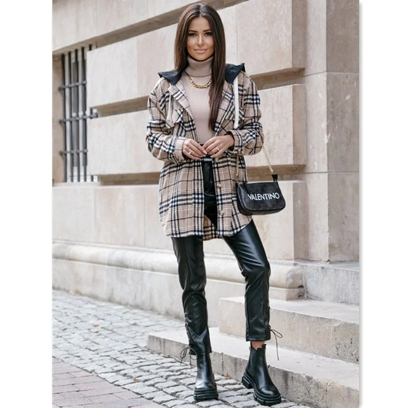 

Повседневная Женская куртка средней длины на осень и зиму, новинка 2021, свободная шерстяная клетчатая куртка на пуговицах с капюшоном, женская одежда, уличная одежда