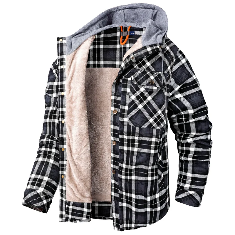 

US Size Winter Warm Men Jackets Fleece Hood Plaid Flannel Shirts for Men Long Sleeve Coats Thermal Outwear Cargo Working Jacket