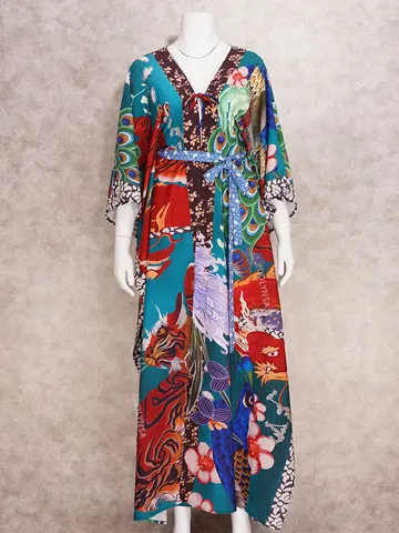 Богемное длинное платье-кимоно с принтом и поясом, туника, винтажная женская летняя одежда, пляжная одежда, накидка для плавания, A997