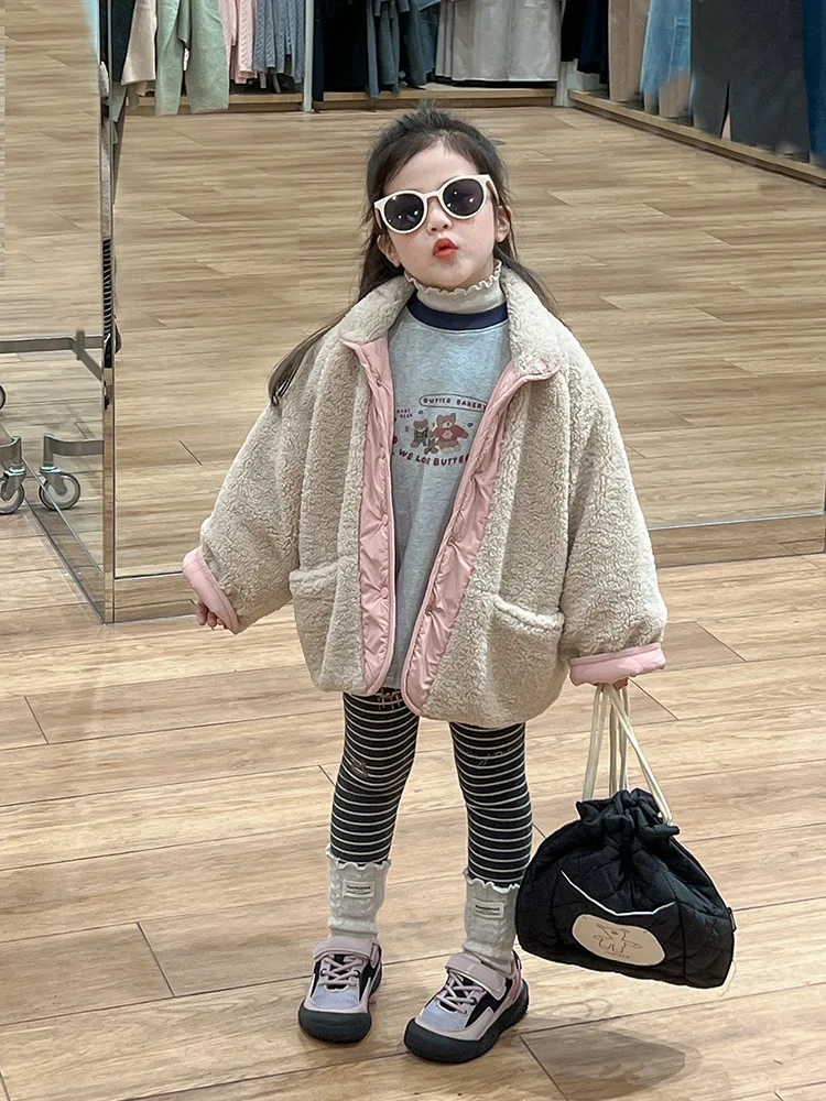 Пальто для девочек двустороннее шерстяное пальто с хлопковой подкладкой новинка