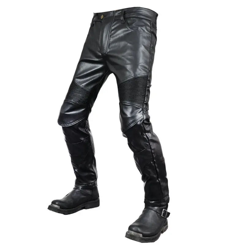 Thoshine Brand Men Leather Moto Pants Vintage Elastic PU Leather Trousers Motorcycle & Biker Pants Waterproof Windproof