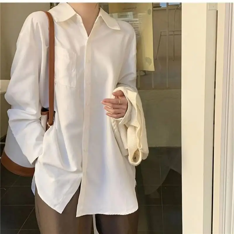 

White Shirts Women Spring and Autumn New Loose Design Sense Niche Inner wear Bottoming Shirt Long sleeve Top Outer Wear White S