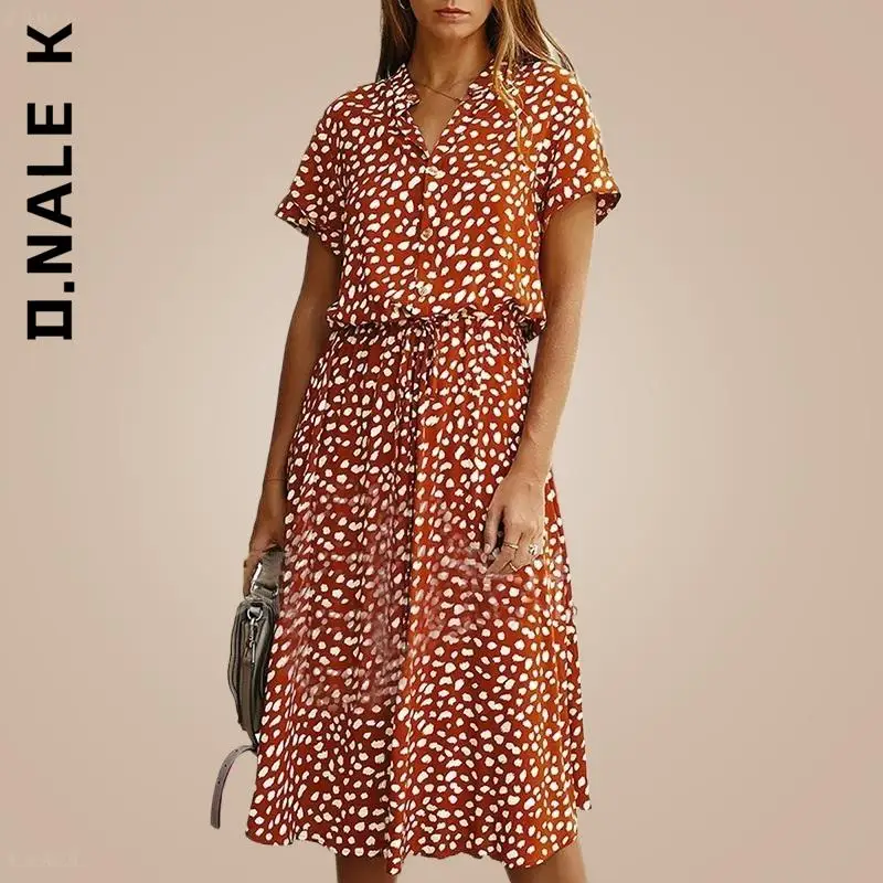 

D.Nale K Leopard Print Shirt Dress 2022 Summer Polka Dot Dress Ladies Bohemian Mid-length High Waist Beachwear Vacation Summer