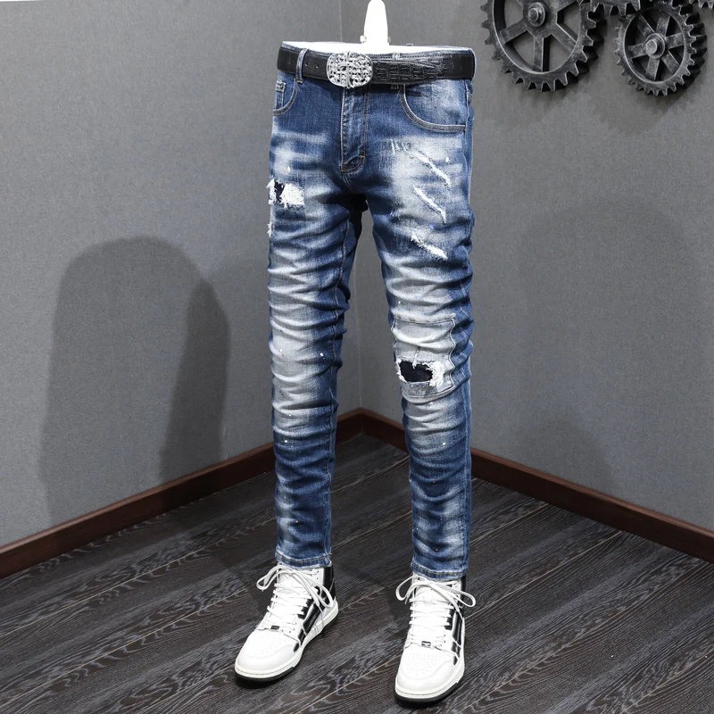 Fashion Streetwear Men Jeans Retro Blue Stretch Elastic Skinny Fit Ripped Jeans Men Patched Designer Hip Hop Denim Pants Hombre
