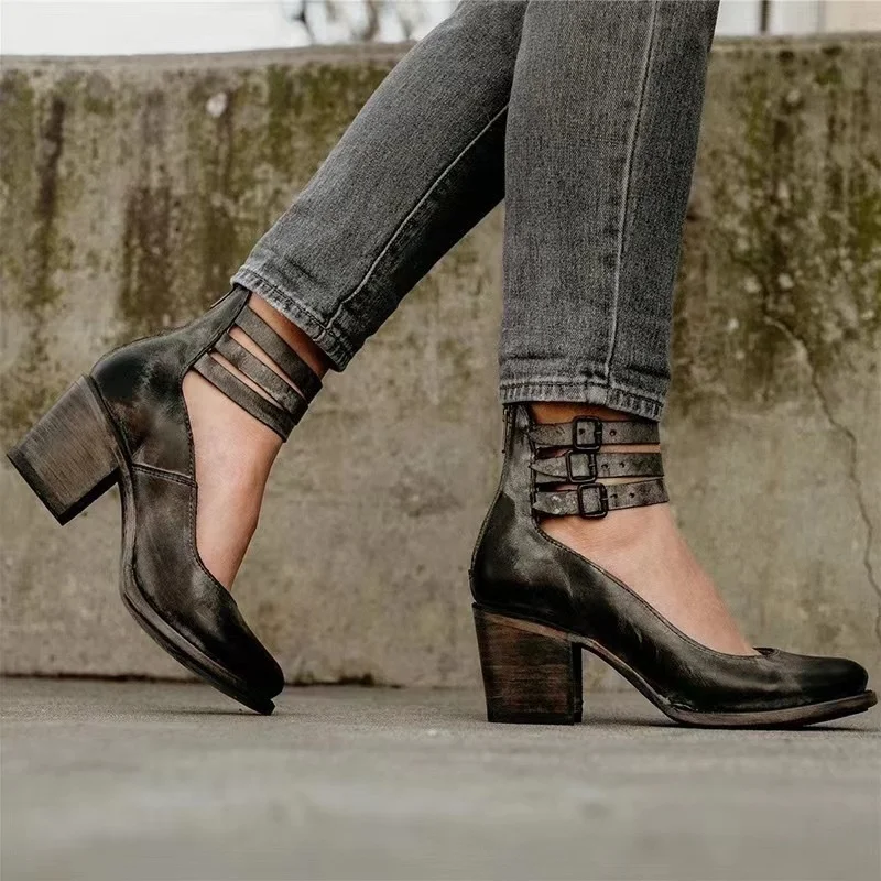

2023 Summer Retro Women High Heels Pumps Shoes Back Zipper Round Toe Buckle Chunky Heels Singel Shoes