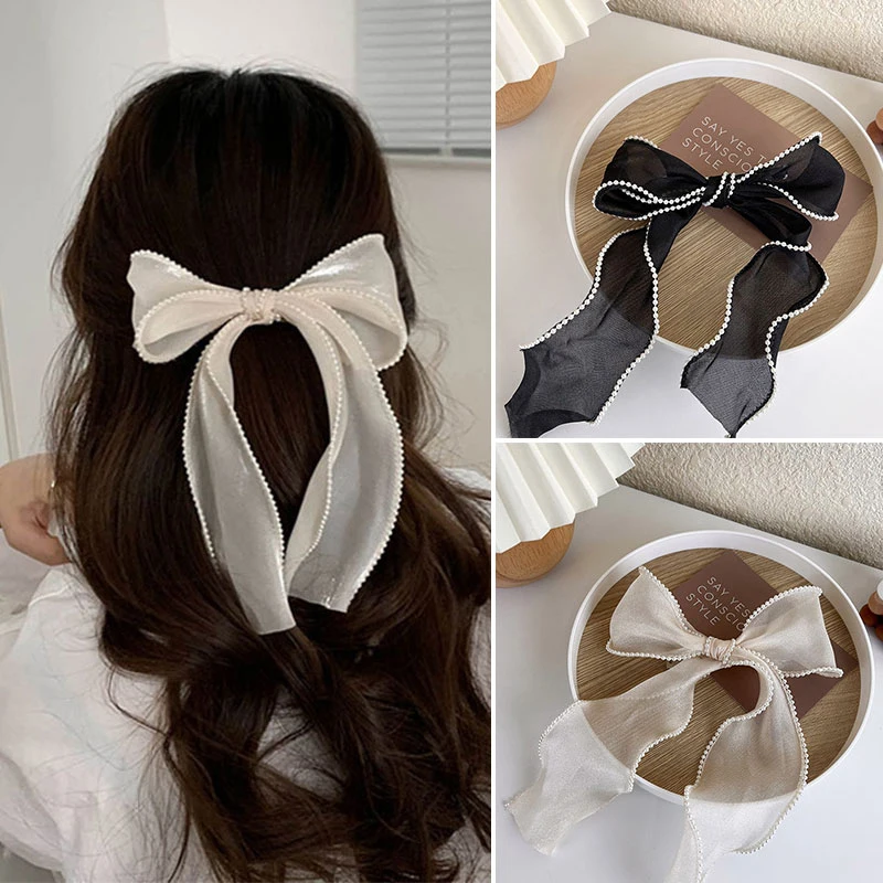 

Pearl Streamer Hair Bows Clips Elegant Women Ponytail Hairpin Pearl Rim Mesh Bowknot Grips Barrettes Top Head Headdress Headwear