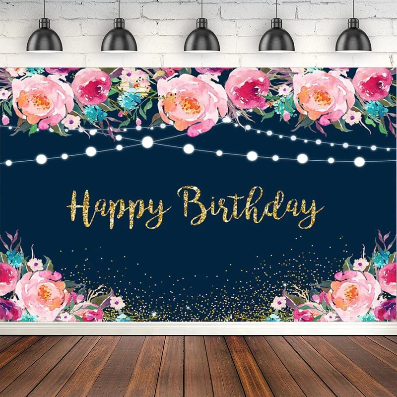 

Navy Blue Photography Backdrop Pink Floral Photo Background Poster Adult Birthday Party Girls 30th 40th 50th 60th Decor Banner
