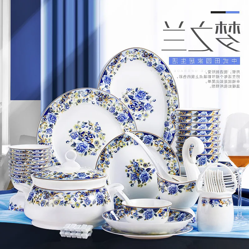 

ceramic Jingdezhen bone china tableware, bowl and dish set, household combination, 56 pieces of dream orchid for Chinese microwa