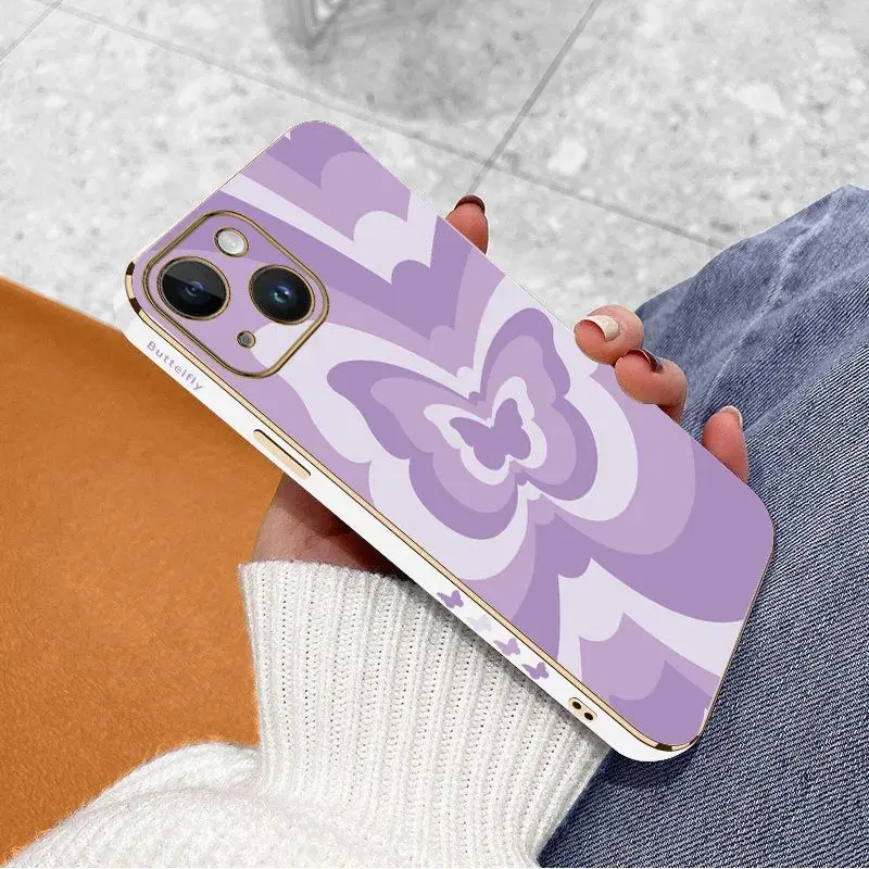 Purple Gradient Butterfly Luxury Plating Phone Case For iPhone 14 13 12 11 Plus Pro Max Mini X XR XS SE2020 8 7 6 6S Plus Cover