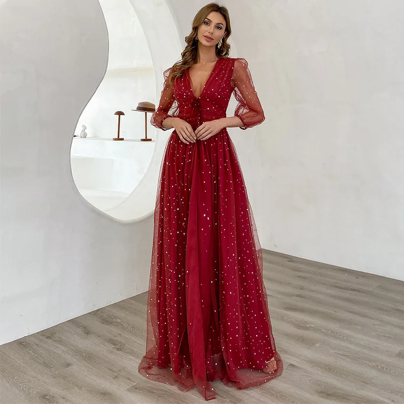 Red Tulle Long Party Dress V-Neck Pleat Split Puffy Sleeves Formal Gown Half Sleeves Women Dress 2022 Fashion Dresses